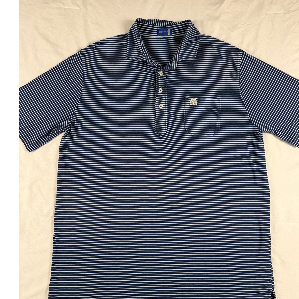 Stitch Golf Mens Navy White Striped Giza Cotton Polo Large Preppy Performance